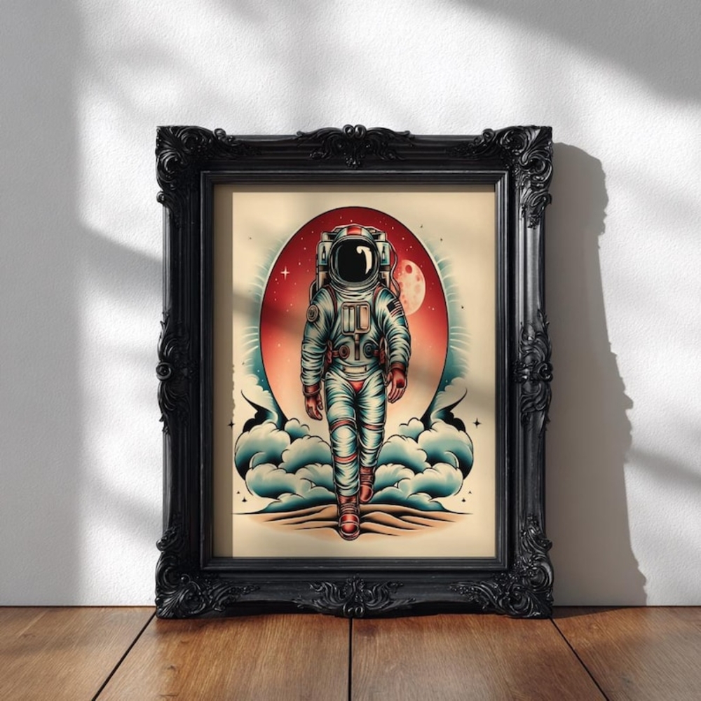 Astronaut Wall Art, Retro Space Illustration, Vintage Tattoo Style Space Artwork